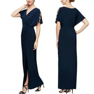 New! Alex Evenings Long Knot Dress with Embellished Short Sleeve,‎ size 14
